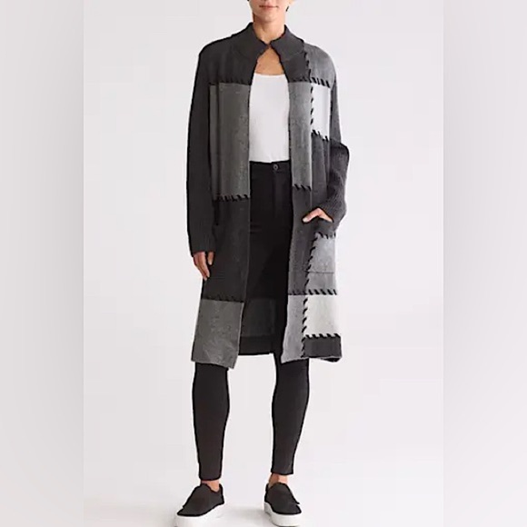 Joseph A Patchwork Open Front Cardigan Charcoal Knit Sweater, Size L, NWT - Picture 1 of 12